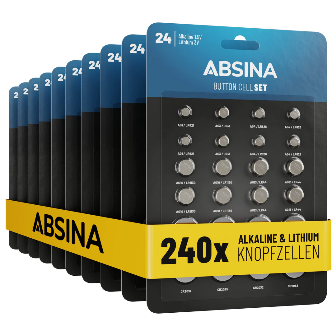 ABSINA 240er Pack Alkaline & Lithium Knopfzellen - 20x AG1 / 20x AG3 / 40x AG4 / 40x AG10 / 40x AG13