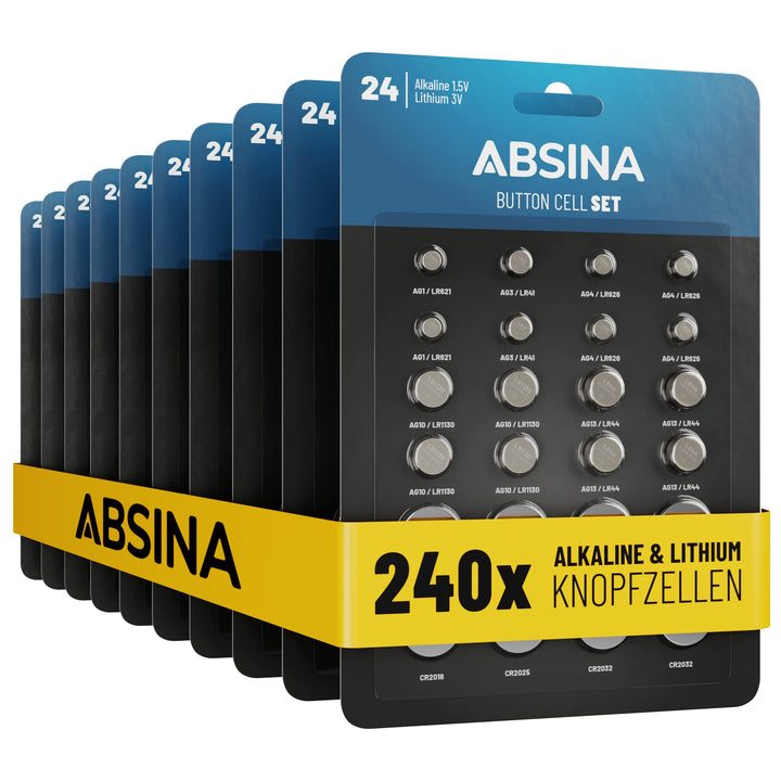 ABSINA 240er Pack Alkaline & Lithium Knopfzellen - 20x AG1 / 20x AG3 / 40x AG4 / 40x AG10 / 40x AG13