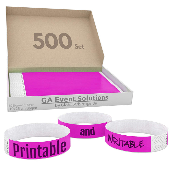 500 Eintrittsbänder aus Tyvek zum selbst gestalten und bedrucken in Pink von GA Event Solutions - Pa