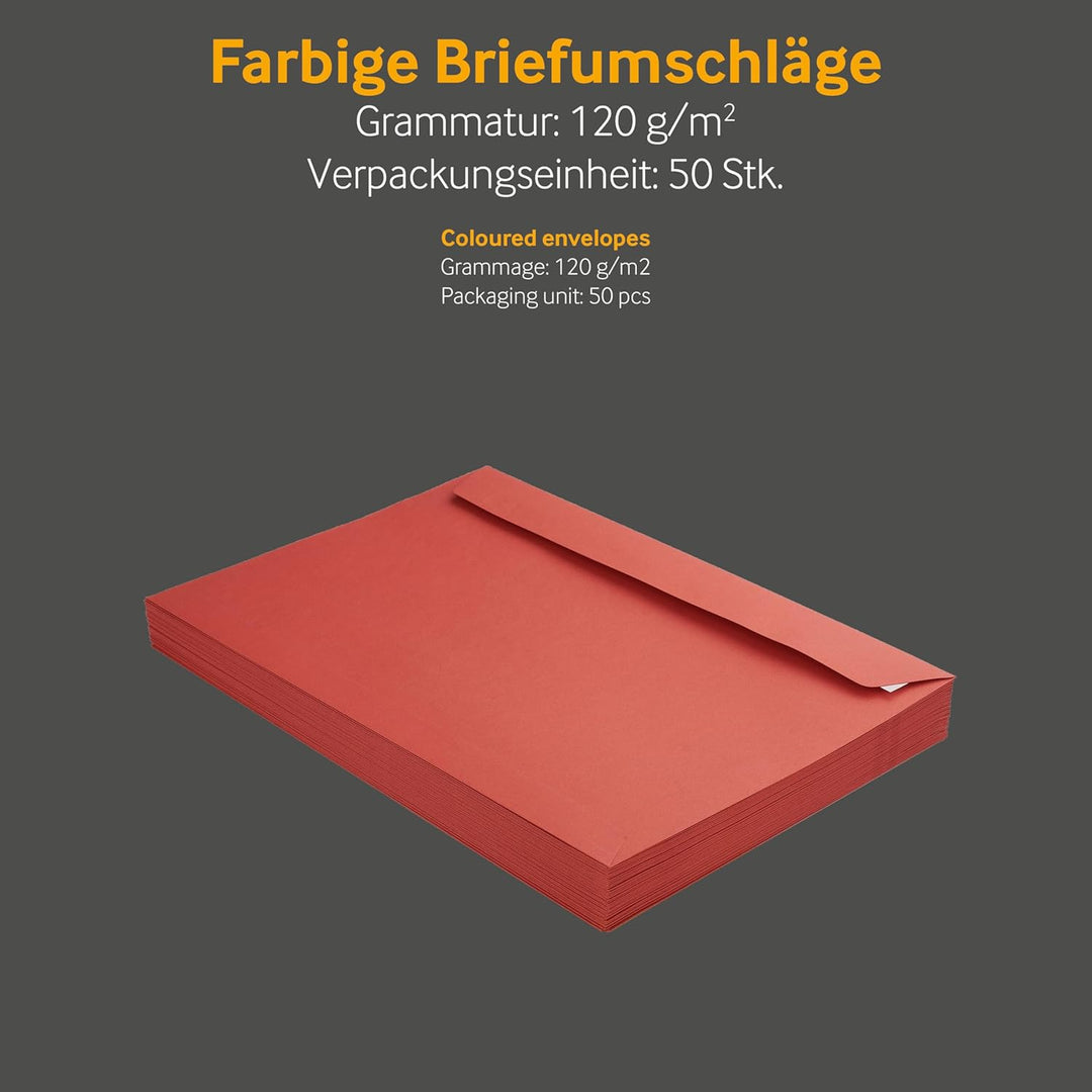 50 Stück, Farbige Briefumschläge, Din C4, Haftklebung Mit Abziehstreifen, Gerade Klappe, 130 G/Qm Co