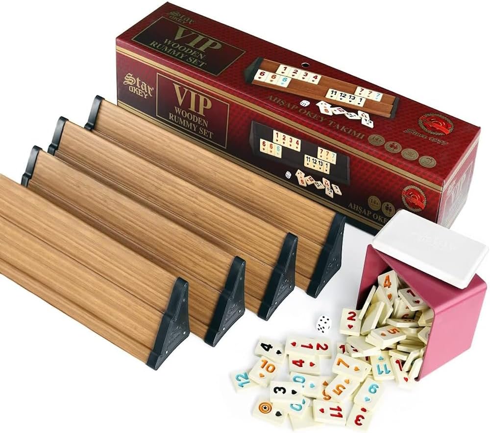 Star Premium VIP Okey Holz Wooden Rummy Set mit Melamin Steine AHSAP Okey