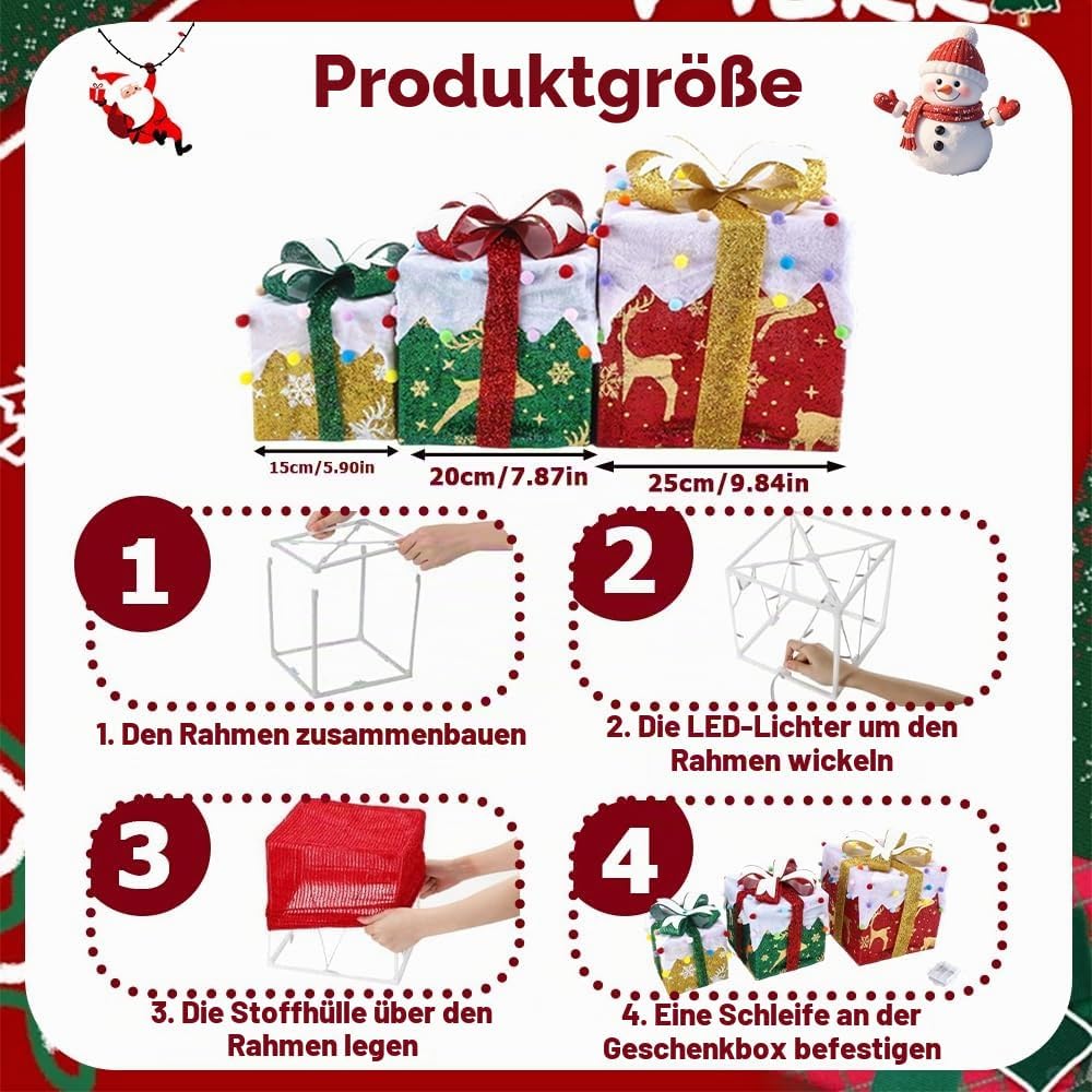 Led Geschenkbox Weihnachten mit Timer 3er Set, Led Deko Geschenke Leucht Boxen, Weihnachtsdeko Leuch