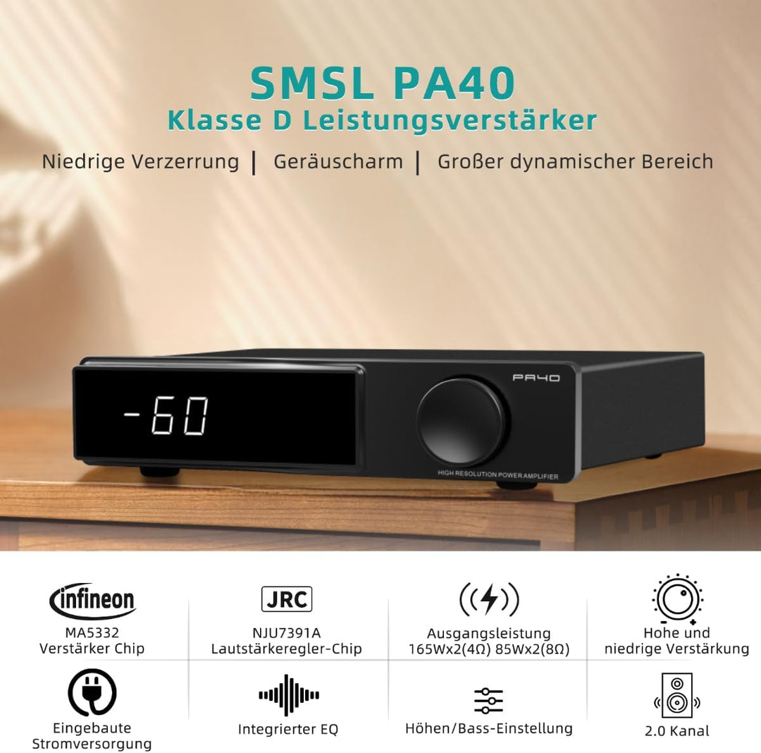 SMSL PA40 Class D Verstärker, 165Wx2 Stereo Verstärker für Passiv-Lautsprecher, Leistungsverstärker