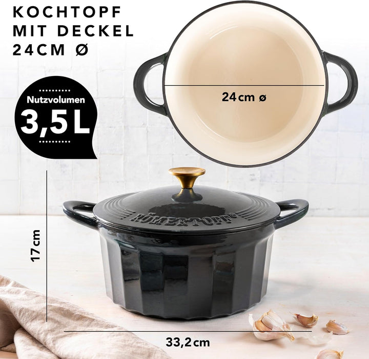 Römertopf Bräter Emaille Gusseisen Topf Schmortopf 24 cm Deckel, Anthrazit Anthrazit 24 cm, Anthrazi