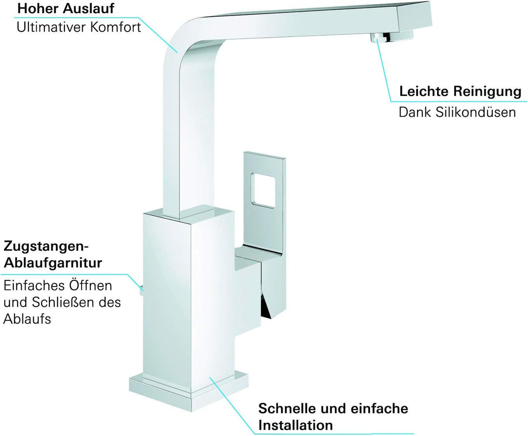 GROHE Eurocube - Einhand-Waschtischarmatur (DN15, L-Size, Einlochmontage), chrom, 23135000 L glatter