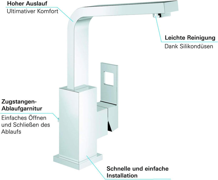 GROHE Eurocube - Einhand-Waschtischarmatur (DN15, L-Size, Einlochmontage), chrom, 23135000 L glatter