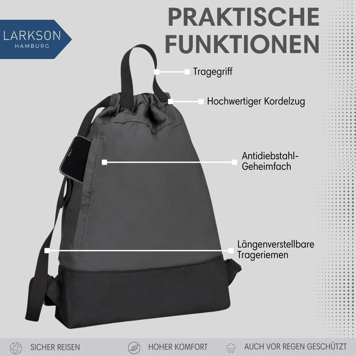 LARKSON Turnbeutel Damen &amp; Herren Grau - No 7 - Rucksack Damen für Sport und Festival - Beutel Rucks