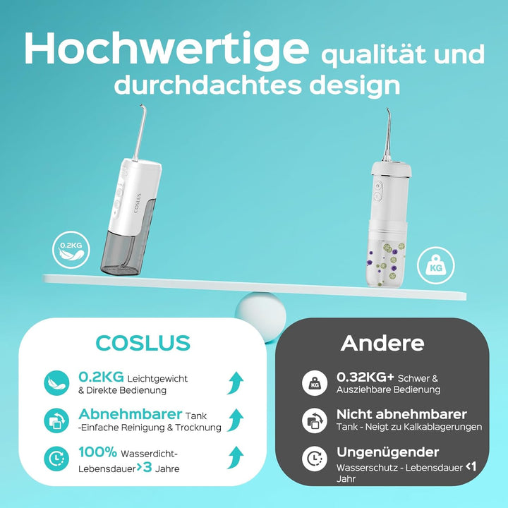 COSLUS Mini Elektrische Munddusche für Unterwegs: 4 Modi Kompaktes Design Abnehmbarer Wassertank für