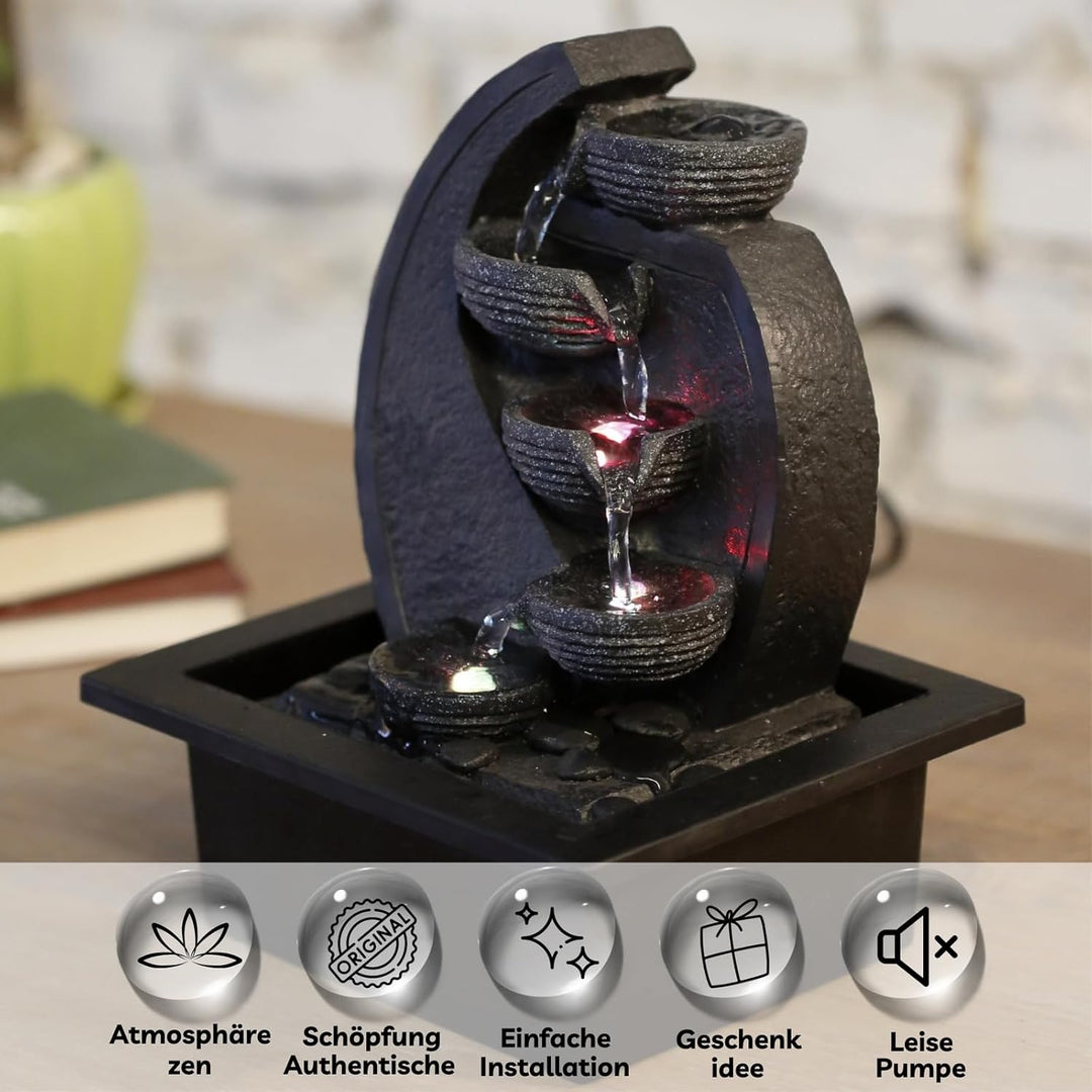Zen'Light - Zimmerbrunnen Wasserfall V2 4 Ebenen in Natursteinoptik mit farbigem LED-Licht - Moderne