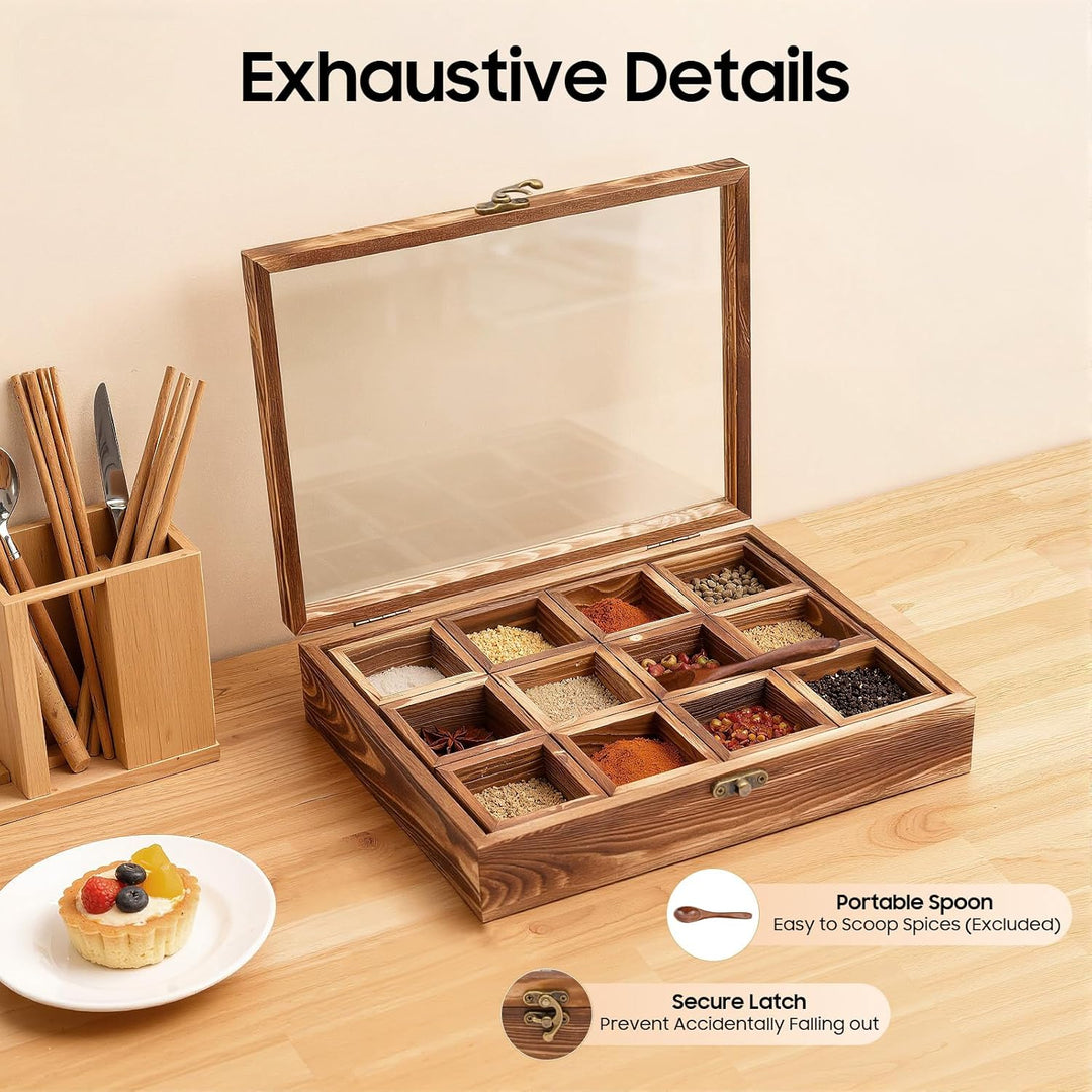 Handgefertigte Indische Masala Dabba Gewürzbox aus Holz mit Glasdeckel,Gewürzbox mit 12 nicht heraus