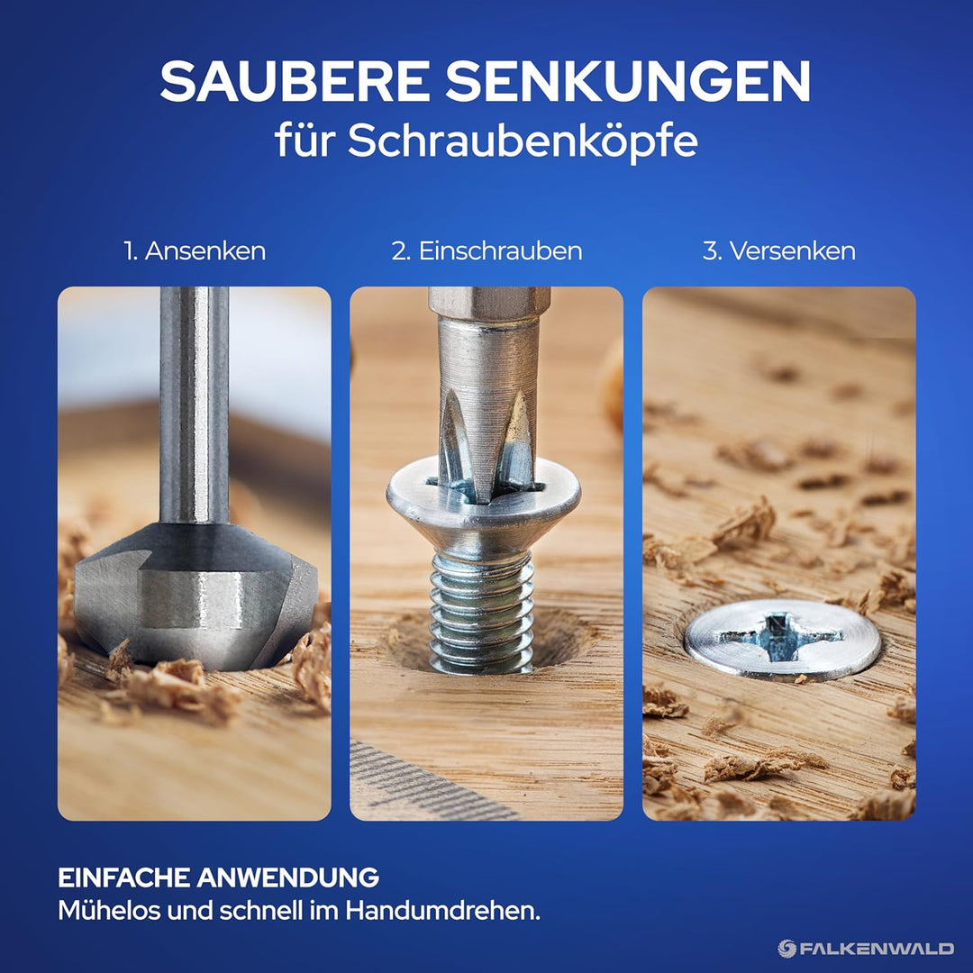 Falkenwald Kegelsenker Set aus HSS-CO Stahl [6-teilig inkl. Aufbewahrungsbox] - Senkbohrer Holz Ø 6,