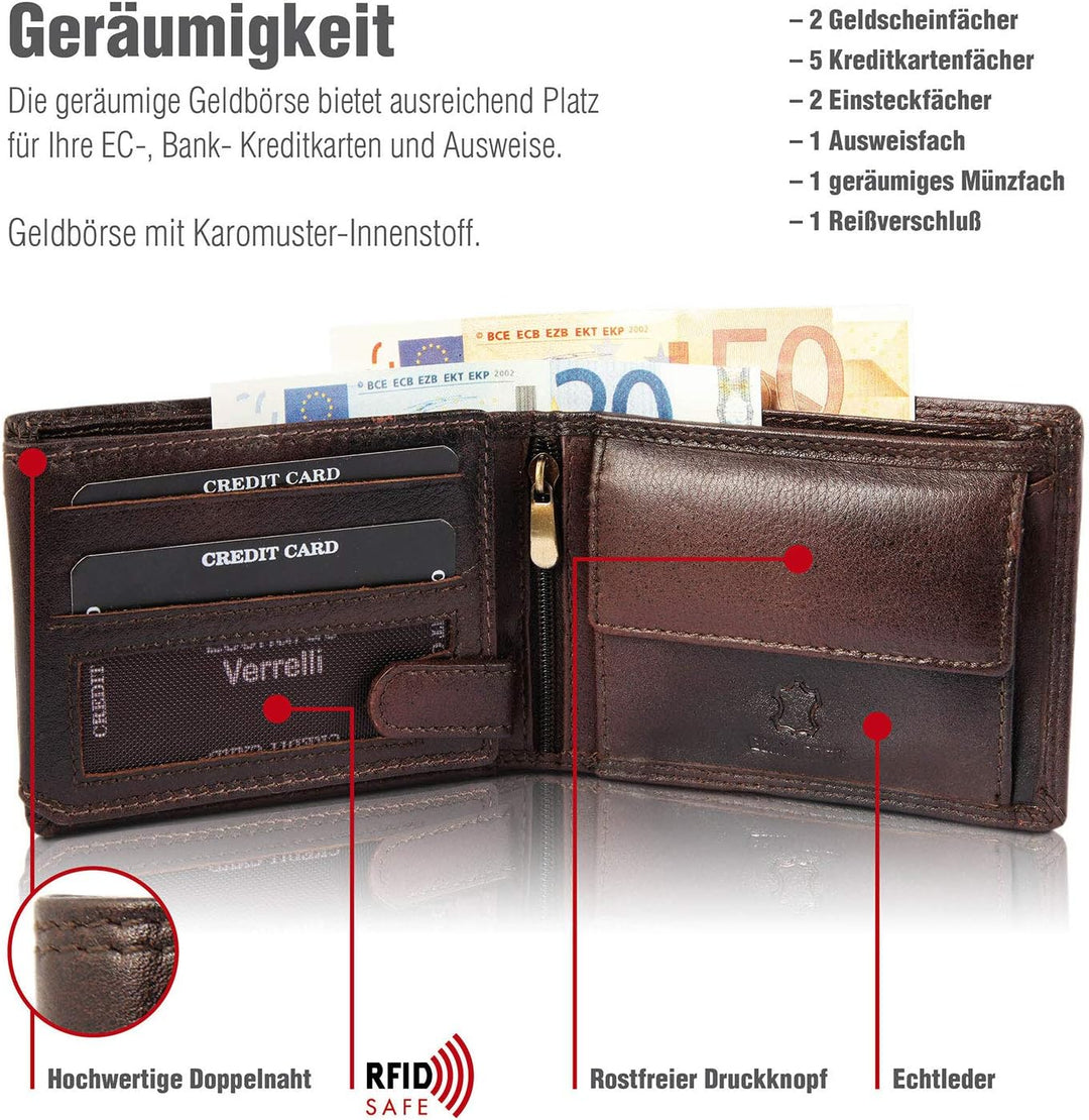 LEONARDO VERRELLI Herren-Geldbörse Echtleder 9x12cm Querformat 3000117 (Braun), Braun