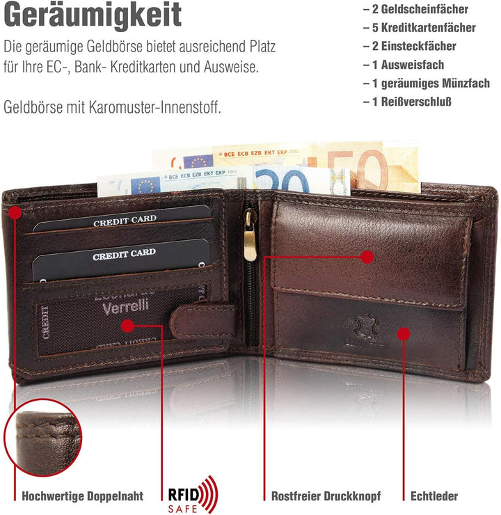 LEONARDO VERRELLI Herren-Geldbörse Echtleder 9x12cm Querformat 3000117 (Braun), Braun