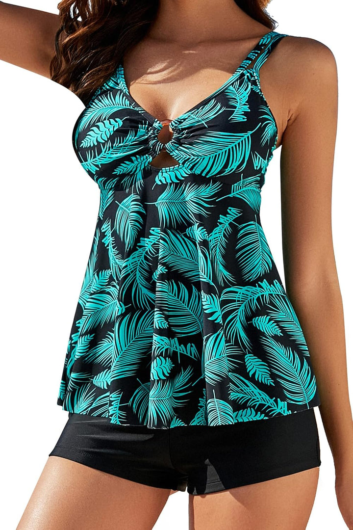 VILOREE Damen Tankini Set Figuroptimizer Zweiteilig Blumen Bademode Mit Hotpants XL Grüne Blätter (N