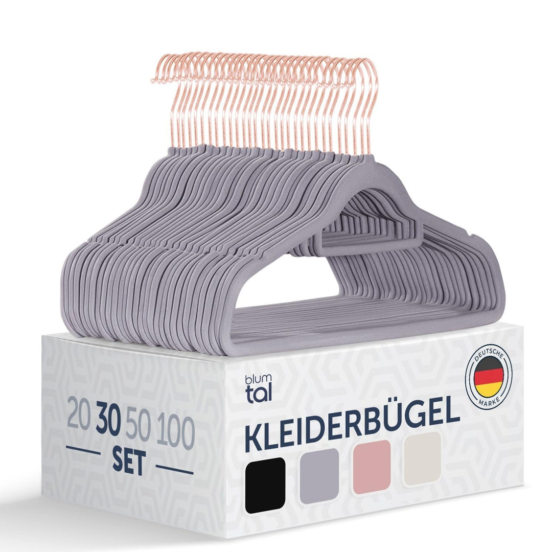 Blumtal Kleiderbügel 30 Stück - Samtbezug 360° drehbar - Platzsparend und rutschfest - Grau 30 Stück