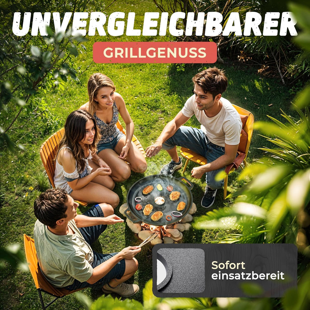 Drei Eichen Feuerplatte aus Gusseisen mit Tropfschutz. Ø35cm. Grillplatte Plancha ideal für Raketeno