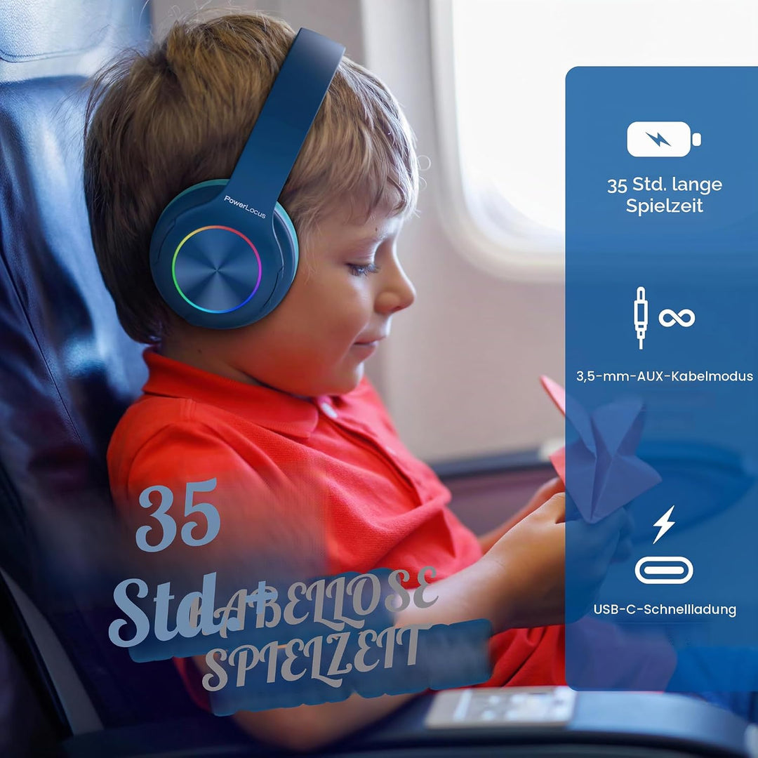 PowerLocus Kinderkopfhörer Bluetooth, Kinder Kopfhörer Kabellos mit LED-Leuchten und 94DB Lautstärke