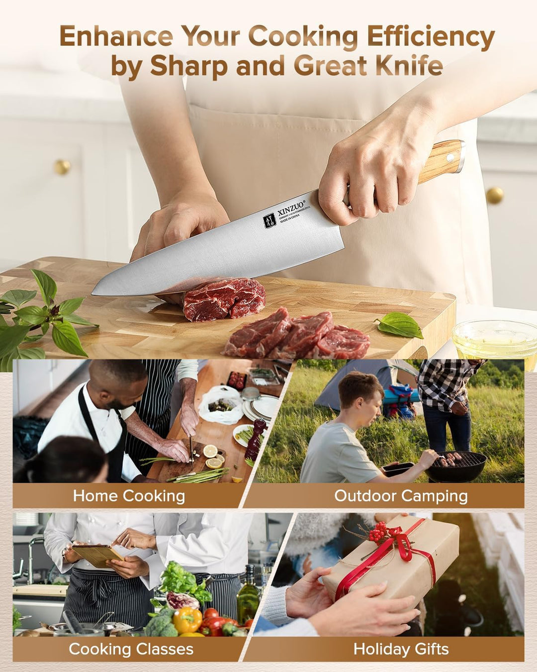 XINZUO Edelstahl 21cm Kochmesser -Profi Geschmiedet Scharf Chefmesser Deutschem 1.4116 Edelstahl Küc