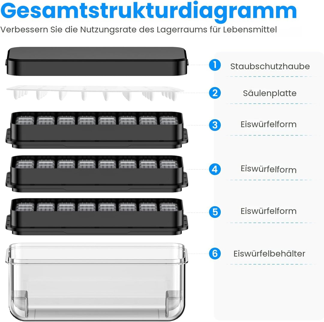 PHINOX Eiswürfelform mit Deckel und Behälter, 3 Stück, Kunststoff-Eiswürfelformen, 96 (4 x 8 x 3) Ei