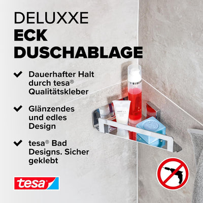 tesa DELUXXE Eck-Duschablage, verchromt - Duschkorb zur Wandbefestigung ohne Bohren, inkl. Klebelösu