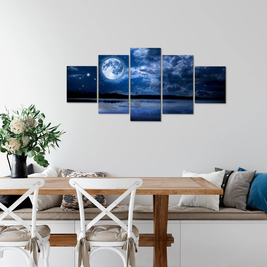 Runa Art Wandbilder Nachthimmel Mond 5 Teilig Bild auf Vlies Leinwand Deko Wohnzimmer Schlafzimmer N