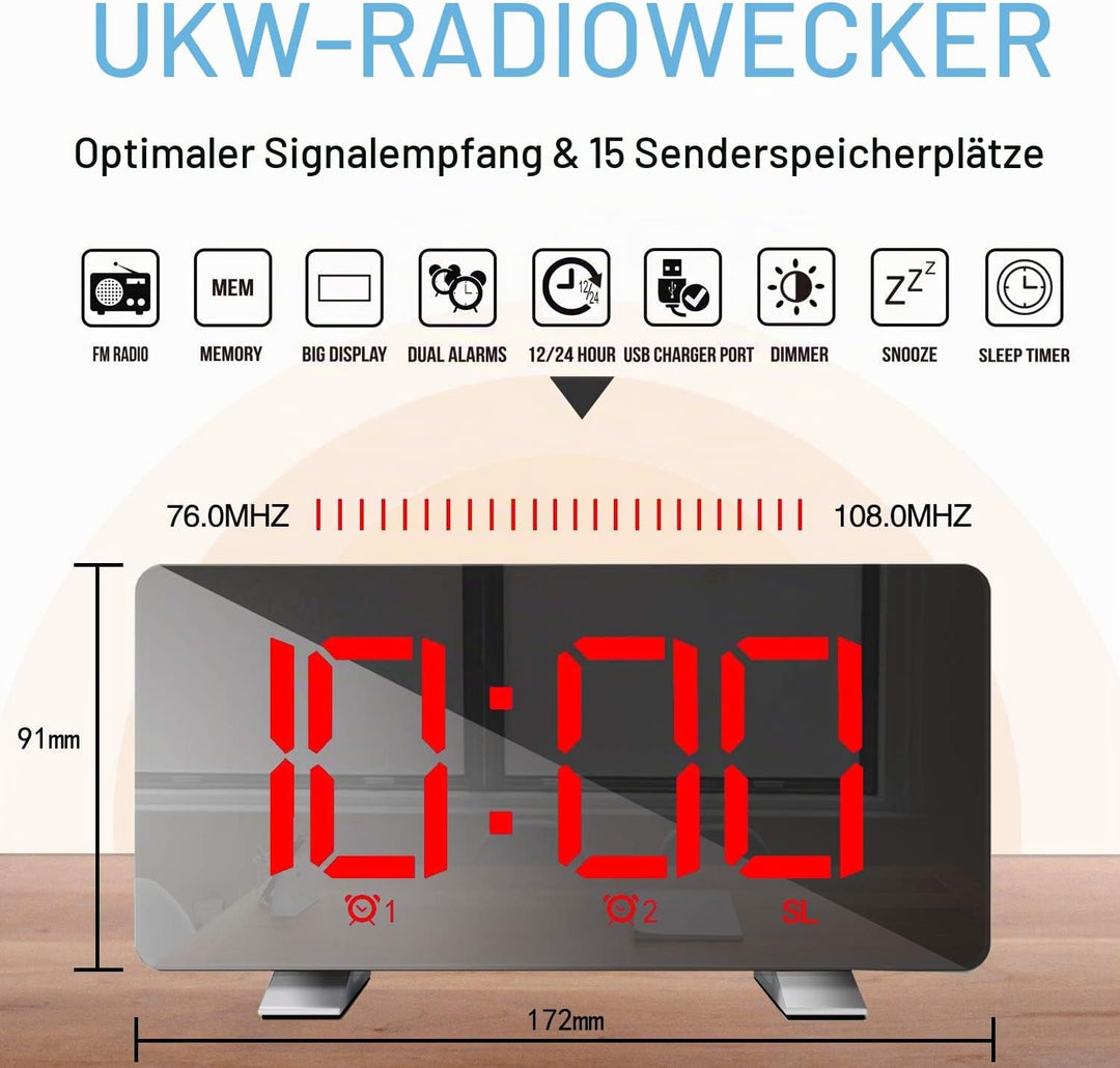 ThreeH Radio-Digitaluhr mit USB-Telefonladegerät 7,3&