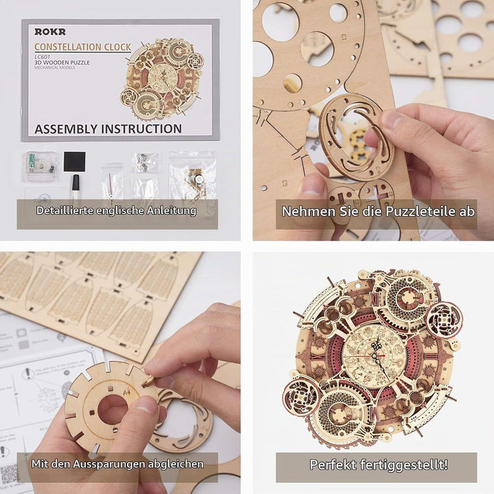 ROKR 3D Holzpuzzle Tierkreis Mauer Uhr für Erwachsene Kinder über 14 Jahre Holzbauset Retro Dekorati