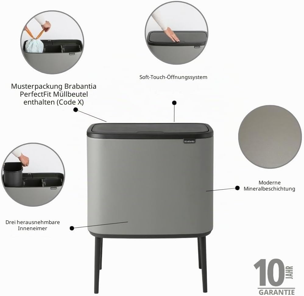 Brabantia 127229 Mülleimer Bo Touch Bin, 3 x 11L, Grauer mineralbeton 3 Inneneimer (3 x 11L) Mineral