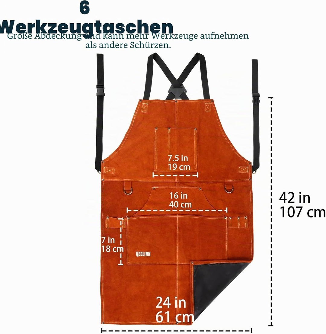 QeeLink Schweisserschürze Leder mit 6 Taschen, Lederschürze – Flammhemmende & Hitzebeständige Arbeit