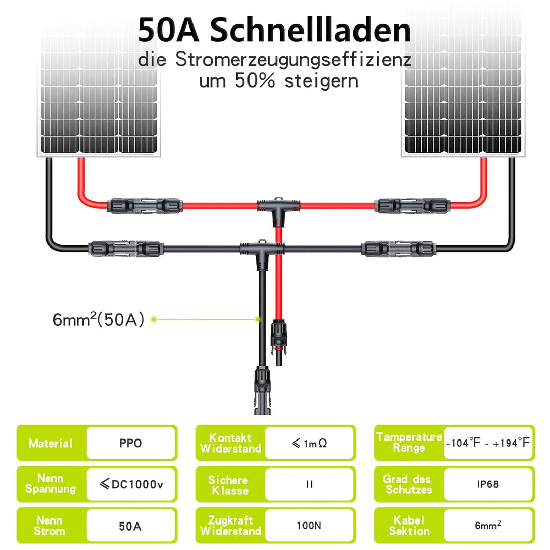 Solar-Anschlusskabel,Solar-Panel Y Zweig Parallelverbinder,30A 1000V 6mm² 2 bis 4 Splitter Solar-Pan