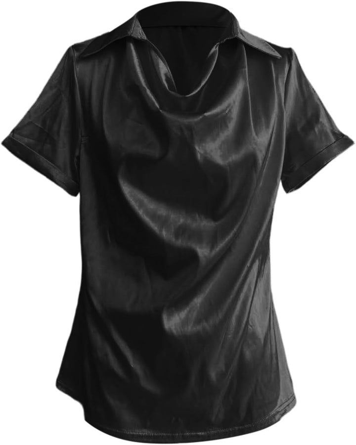 Bluse Damen Elegant Stretch Satin Seide V-Ausschnitt Hemdbluse Kurzarm Business Oberteile Festliche