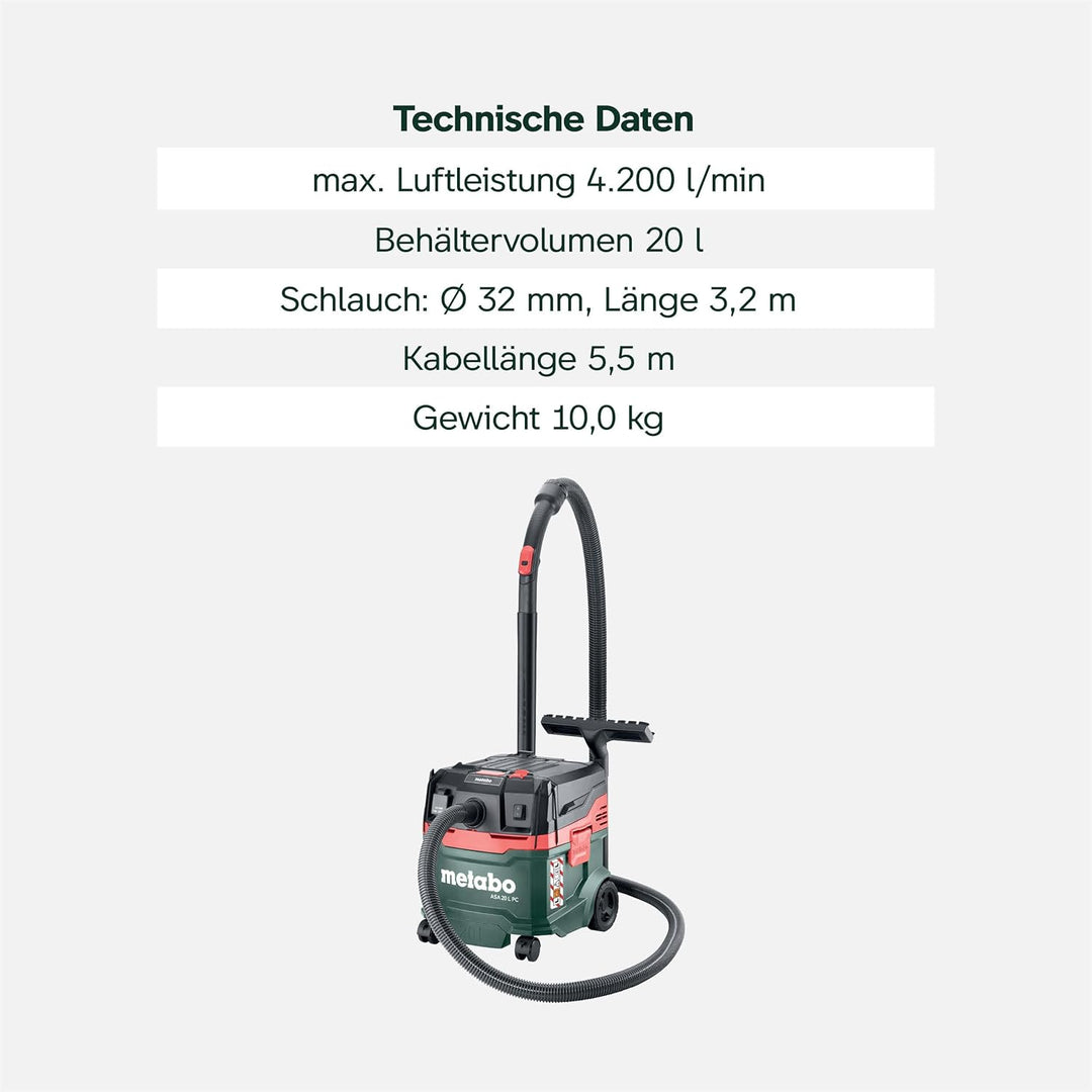 Metabo ASA 20 L PC Allessauger – 602085000 – Nass-/Trockensauger mit integrierter Filterabreinigung