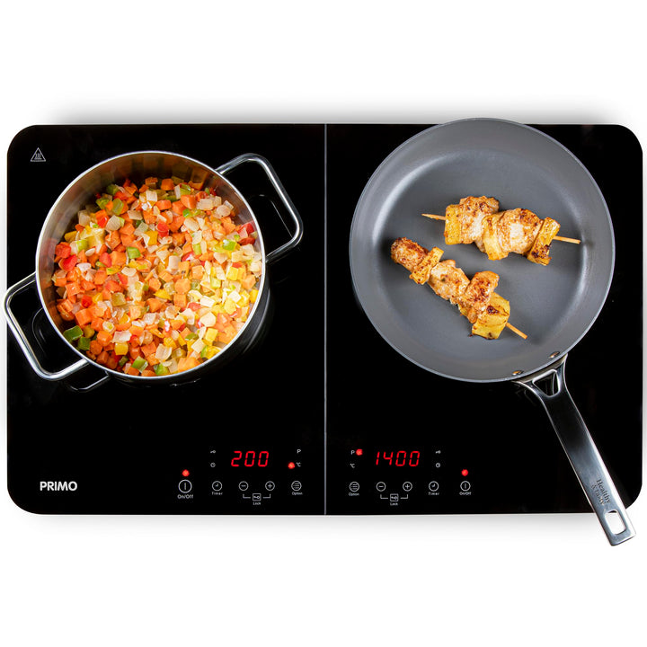 PRIMO PR301IKP Induktionskochfeld, tragbar, doppelte Kochplatte aus Glas, 3500 W, 3-Stunden-Timer, T