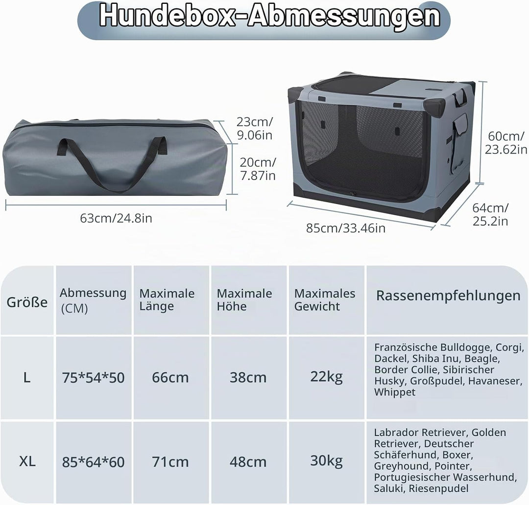 Hundebox faltbar 85x64x60 cm, Transportbox für grosse Hunde, Hundetransportbox Auto mit 4 Türen aus