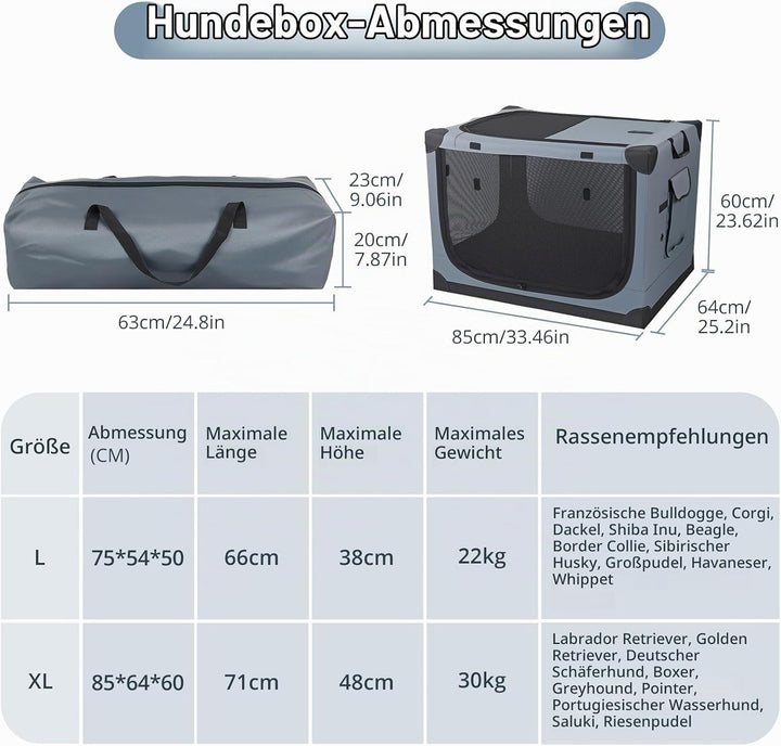 Hundebox faltbar 85x64x60 cm, Transportbox für grosse Hunde, Hundetransportbox Auto mit 4 Türen aus