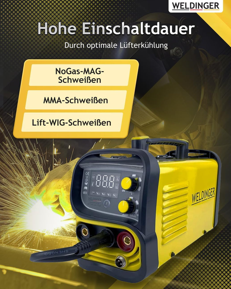 WELDINGER ME 130 mini Flux Fülldrahtschweissgerät + 1 kg Fülldraht + Fülldraht-Gasdüse + Stromdüsen