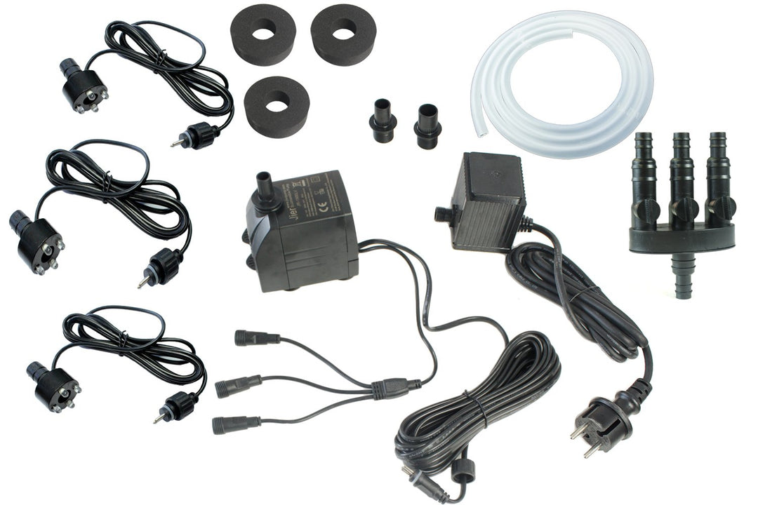 Arnusa Springbrunnenpumpe Springbrunnen Komplett Set mit 3er LED-Beleuchtung inkl.3 Wege Schlauchada