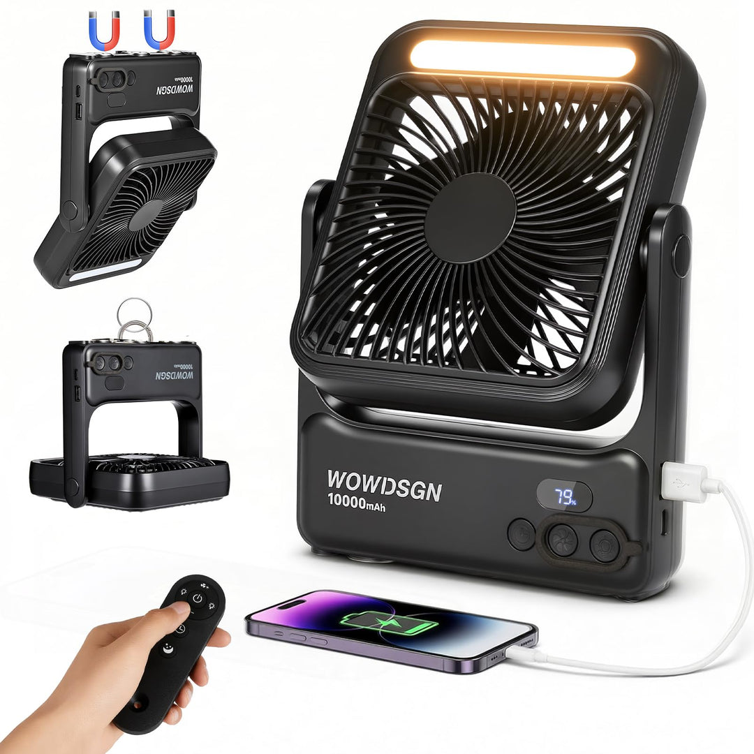 WOWDSGN 𝐌𝐚𝐠𝐧𝐞𝐭𝐢𝐬𝐜𝐡𝐞𝐫 Ventilator 𝟏𝟎𝟎𝟎𝟎𝐦𝐀𝐡 Akku, Tischventilator USB mit LED-Nachtlicht &amp; Haken, Power