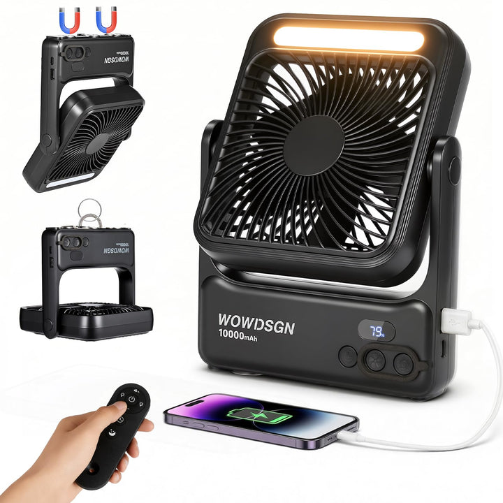 WOWDSGN 𝐌𝐚𝐠𝐧𝐞𝐭𝐢𝐬𝐜𝐡𝐞𝐫 Ventilator 𝟏𝟎𝟎𝟎𝟎𝐦𝐀𝐡 Akku, Tischventilator USB mit LED-Nachtlicht &amp; Haken, Power