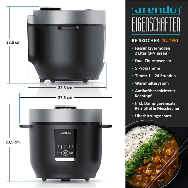 Arendo - Reiskocher 2l inkl. Dampfgarer-Einsatz (Warmhaltefunktion, antihaftbeschichteter Gartopf, R