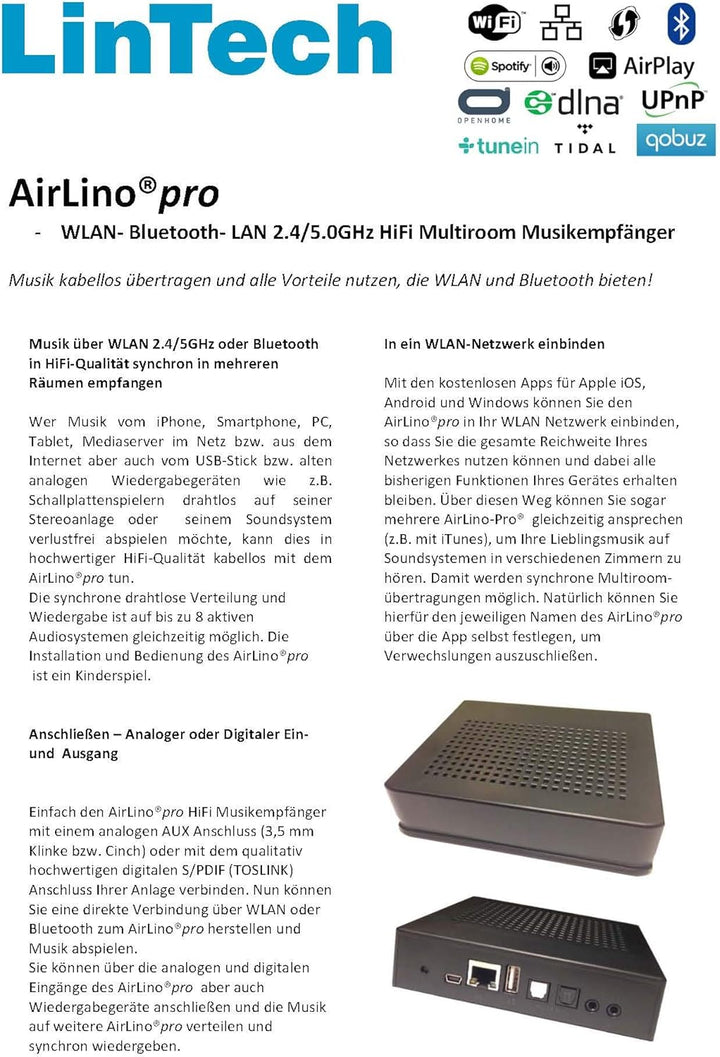 LinTech AirLino® pro HiFi Audio Connect WLAN,LAN und Bluetooth Empfänger/Receiver & Sender (WLAN 2.4