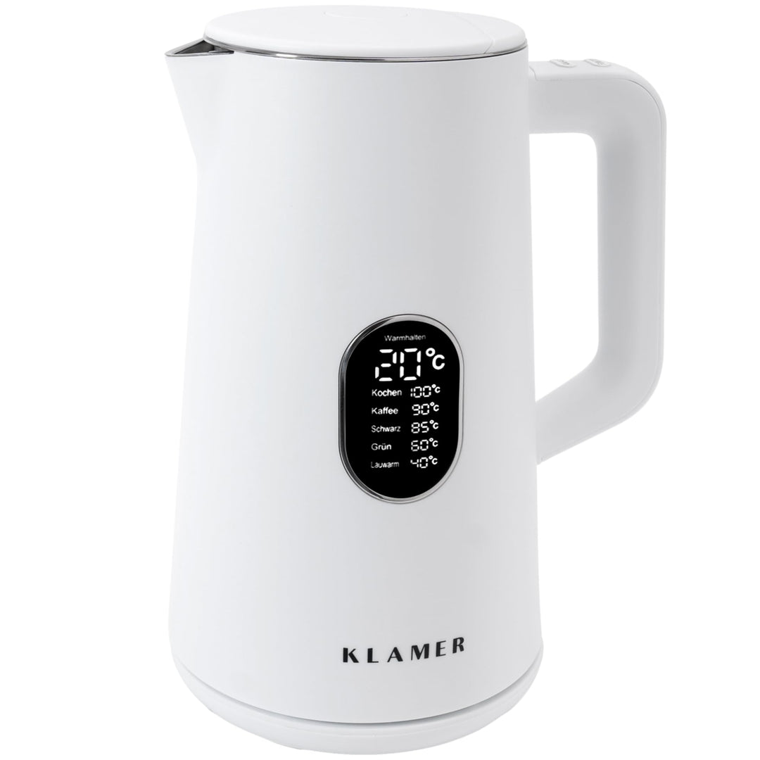 KLAMER Wasserkocher Edelstahl 1,5L 1800W elektrischer Wasserkocher weiss mit Temperatureinstellung z