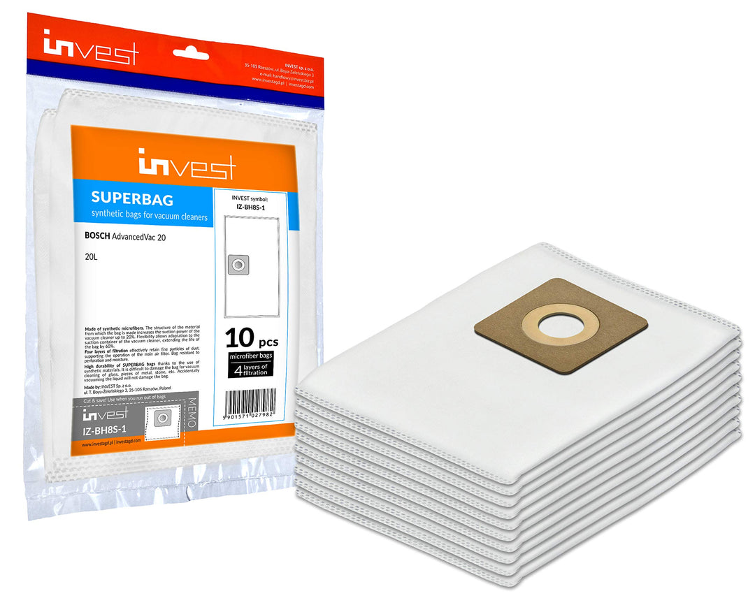 Invest - Staubsaugerbeutel Ersatz, Beutel kompatibel mit BOSCH AdvancedVac 20, BOSCH UniversalVac 15