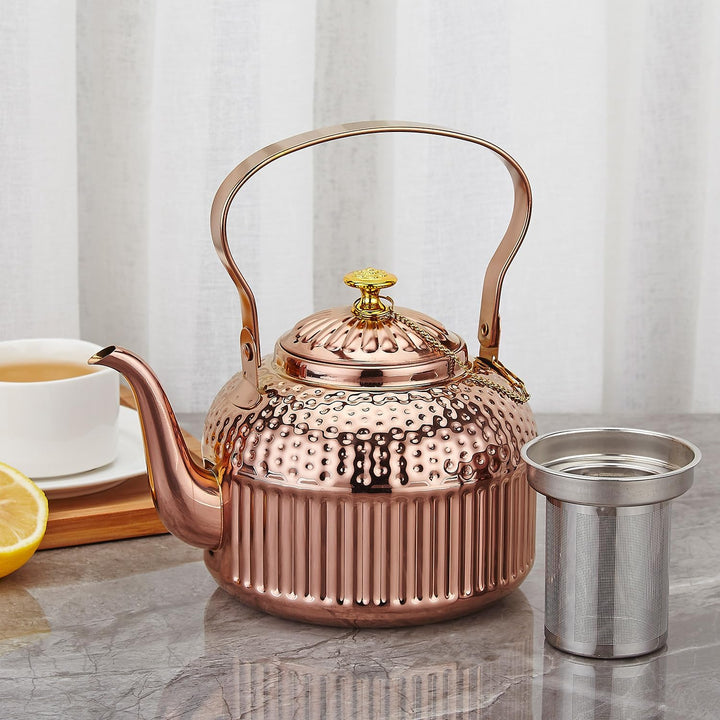 SANQIAHOME® 1,8 Liter Edelstahl-Teekanne mit Siebeinsatz, mit Teesiebgriff,Induktionsgeeignet Kupfer