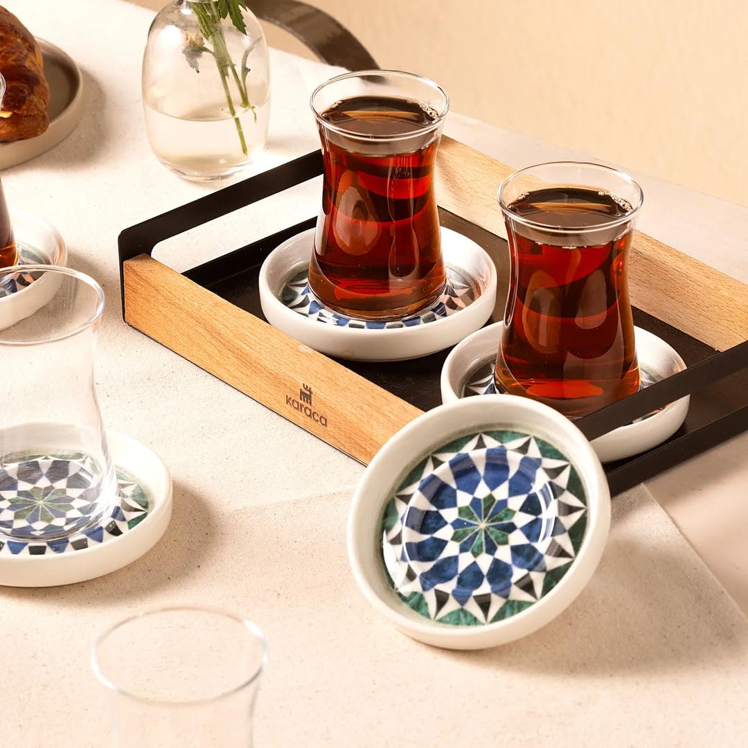KARACA Roman 12 tlg. Keramik Teeset 10 cm - Elegantes Tee Service-Set mit 6 Teegläsern und 6 Teetell