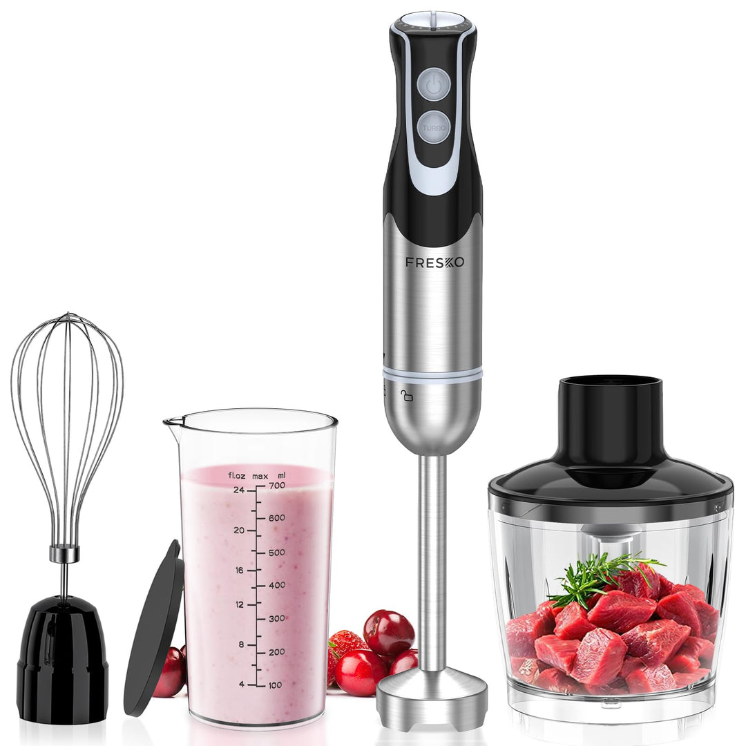 FRESKO 4-in-1 Stabmixer Edelstahl, 1000W Pürierstab mit 12 Geschwindigkeiten und Turbo-Modi, Inklusi