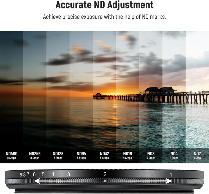 NEEWER 58mm Variabler ND Filter ND2-ND400, Hard Stop Limited Einstellbarer Graufilter mit mehrfach b