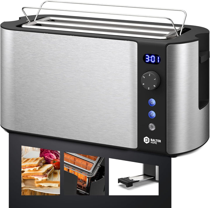Balter Toaster 4 Scheiben, Langschlitz, Edelstahl, Brötchenaufsatz, LCD Display mit Restzeitanzeige,