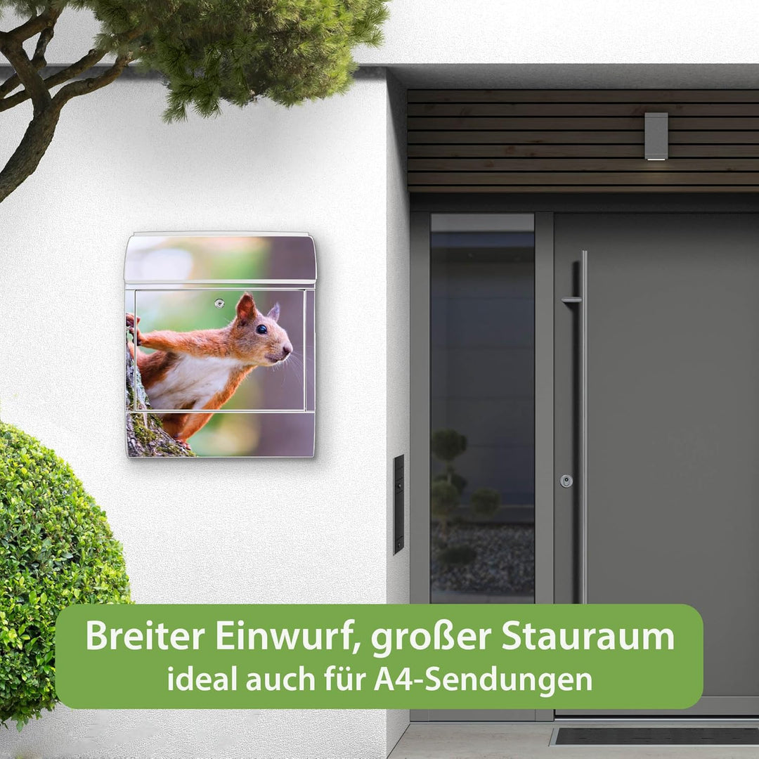 banjado® Design Briefkasten mit Motiv Eichhörnchen 39x47x14cm &amp; 2 Schlüssel - Briefkasten Stahl weis
