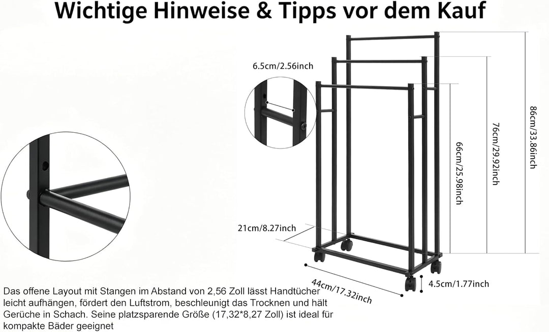 Handtuchhalter Stehend,Metall Handtuchständer mit 4 Rollen 2 Bremsen 3 Stangen,Freistehend Badetuchh